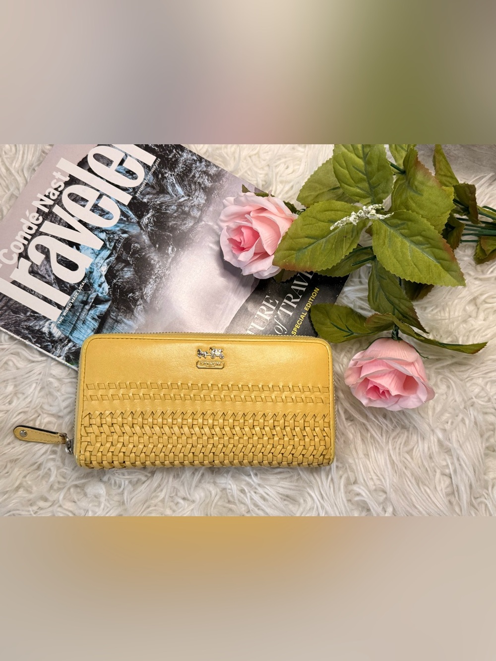 Coach Woven Zip-Around Wallet in Yellow